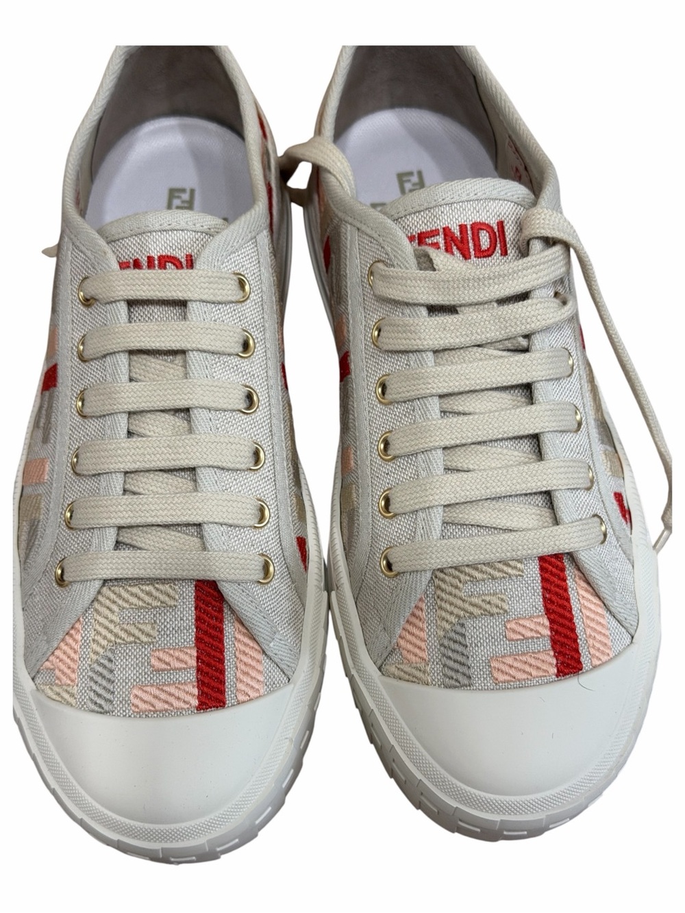 Fendi Canvas Low-Top Sneakers with Red and Pink Embroidery